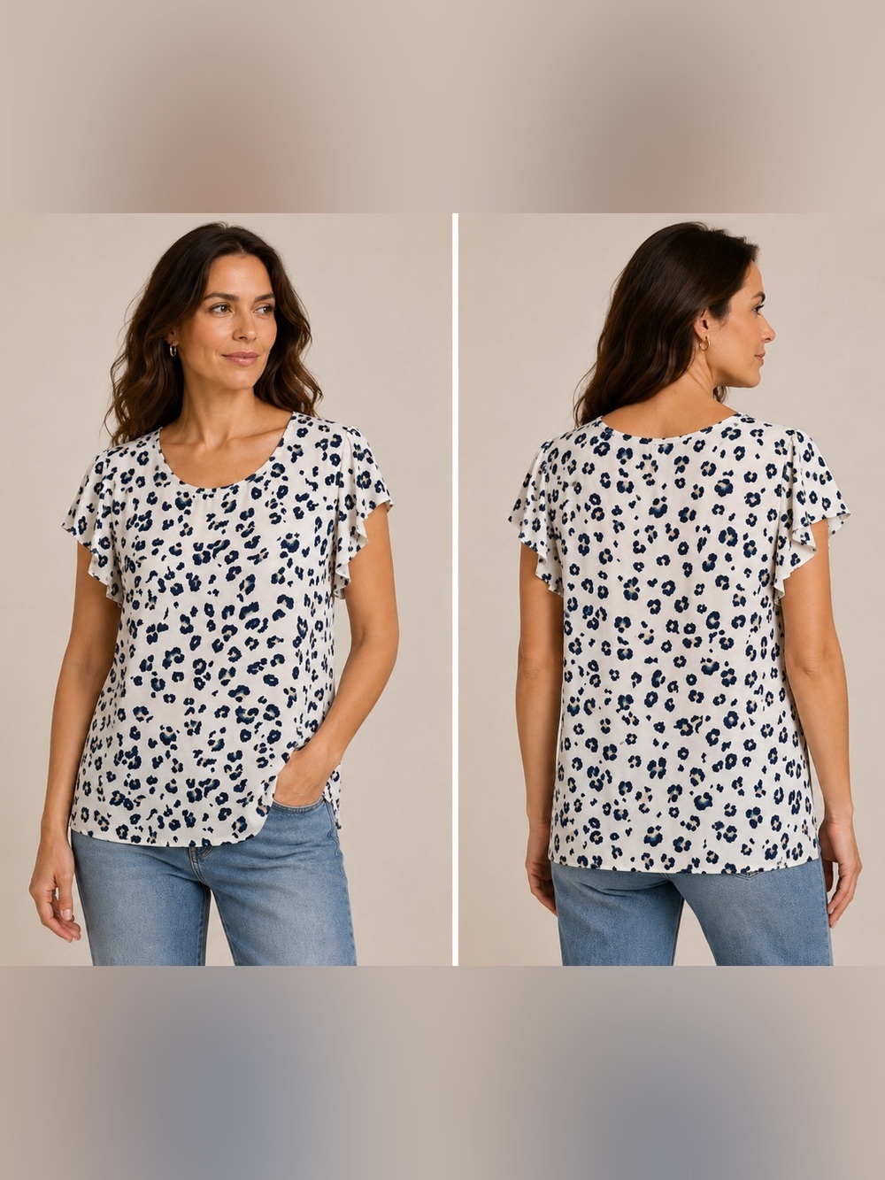 Perfect Peach White Navy Leopard Print Flutter Sleeve Top M Medium
